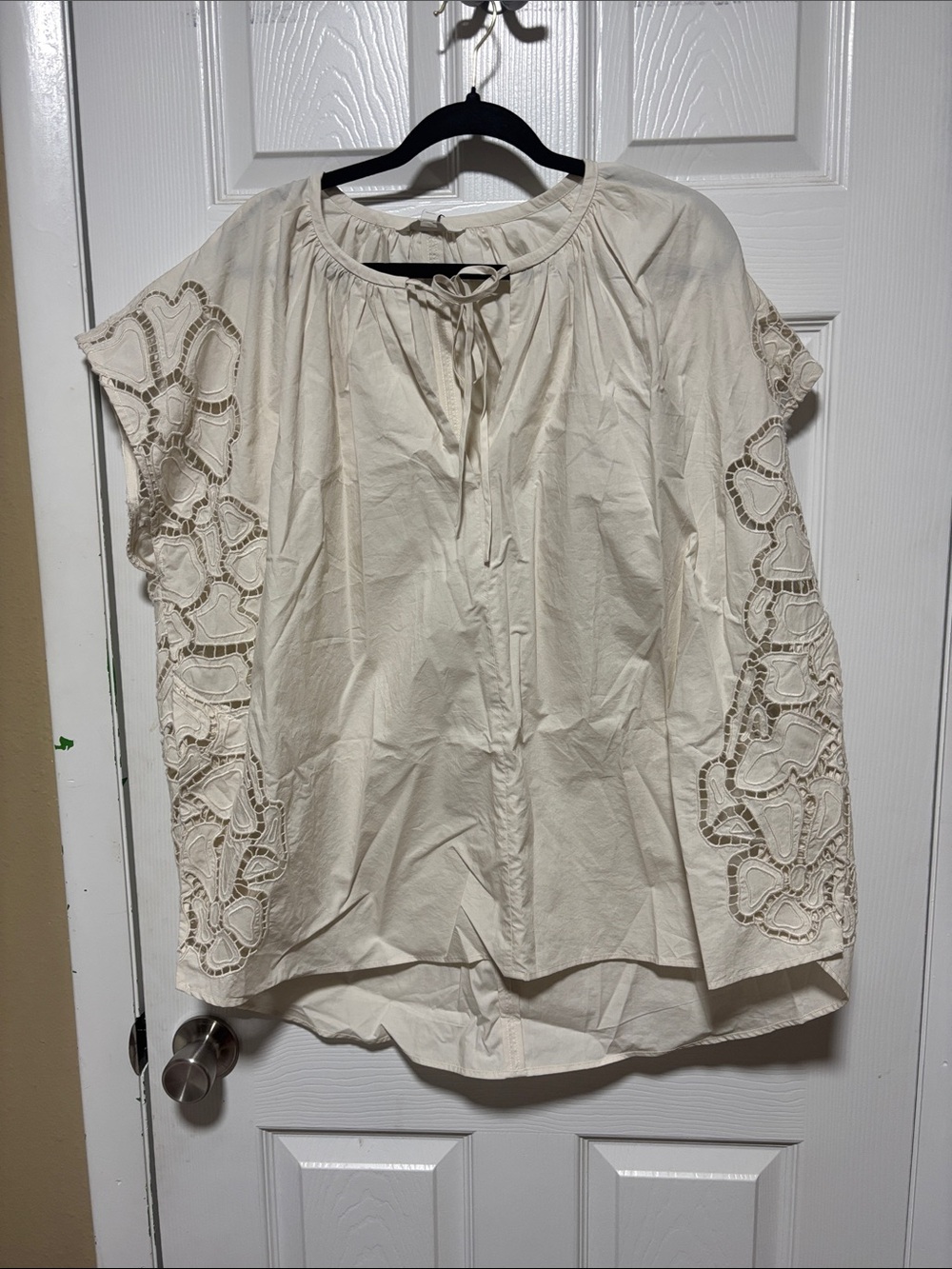 Banana Republic Cream Crochet-Sleeve Tie Neck Blouse